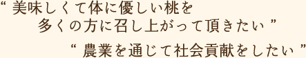 美味しくて体に優しい桃を多くの方に召し上がって頂きたい　農業を通じて社会貢献をしたい